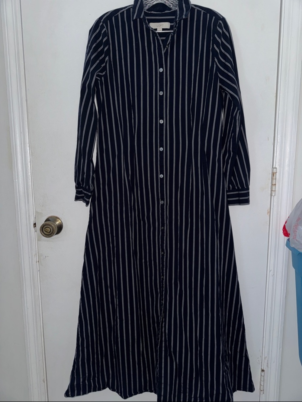 LOFT Navy and White Striped Maxi Shirt Dress